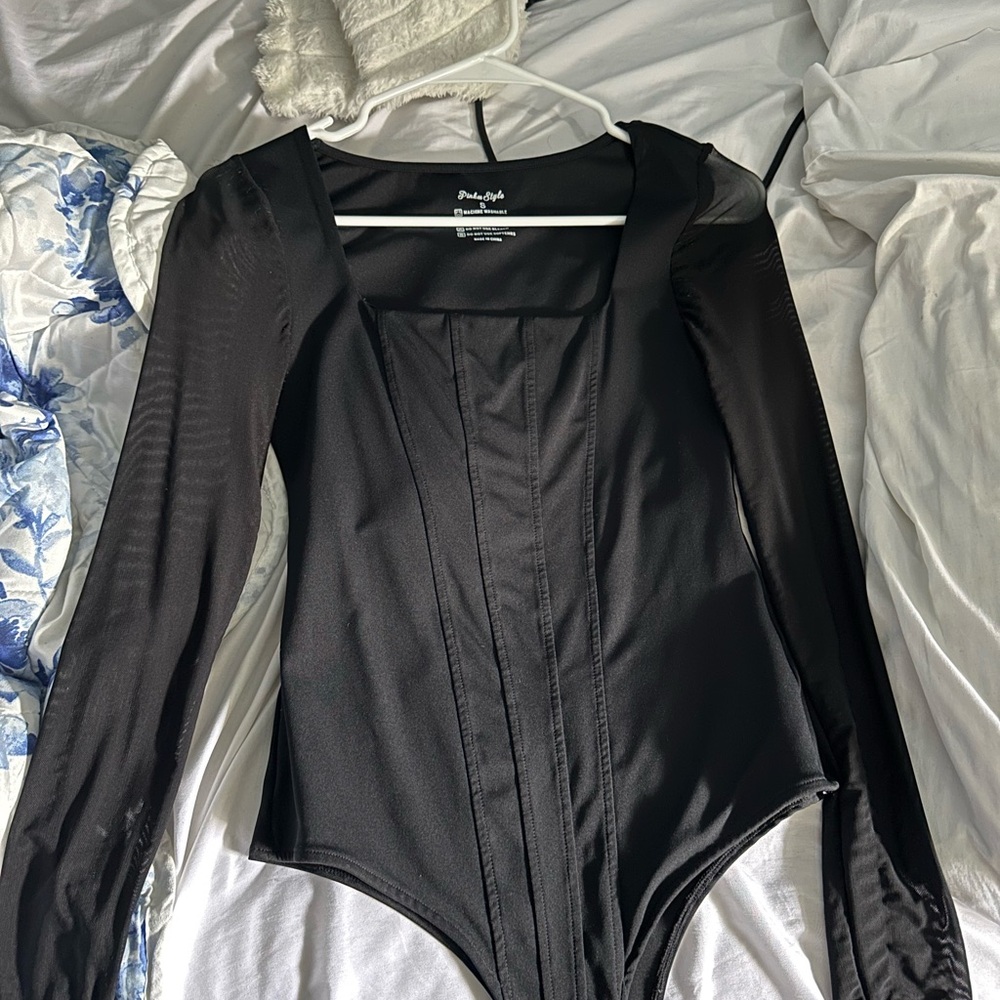 Black Long Sleeve Bodysuit Mesh Sleeves